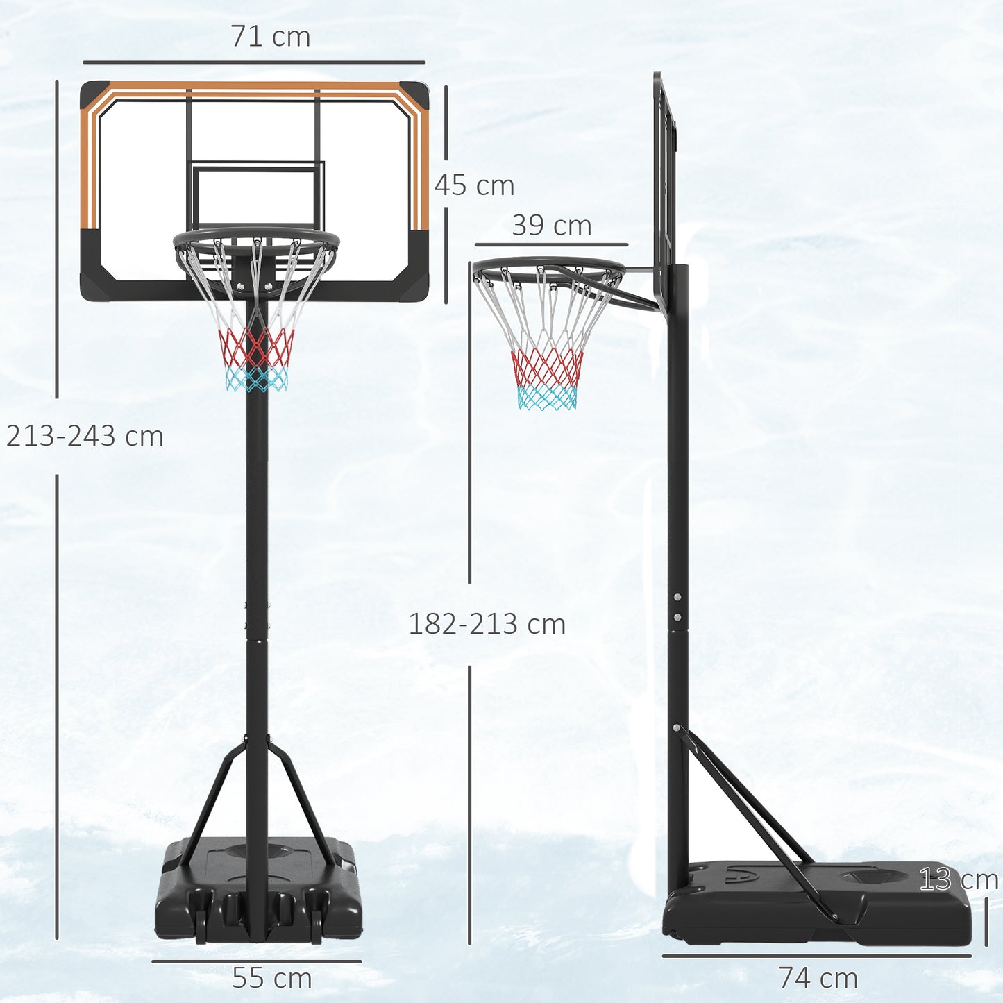 SPORTNOW Height Adjustable Basketball Stand Net Set System, Freestanding Basketball Hoop and Stand with Wheels, 182-213cm - Black