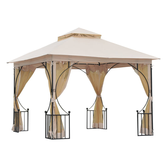 Photo of Outsunny 3 x 3(m) Garden Gazebo Patio Party Tent Shelter Outdoor Canopy Double Tier Sun Shade Metal Frame Netting, Beige in Beige colour on a white background