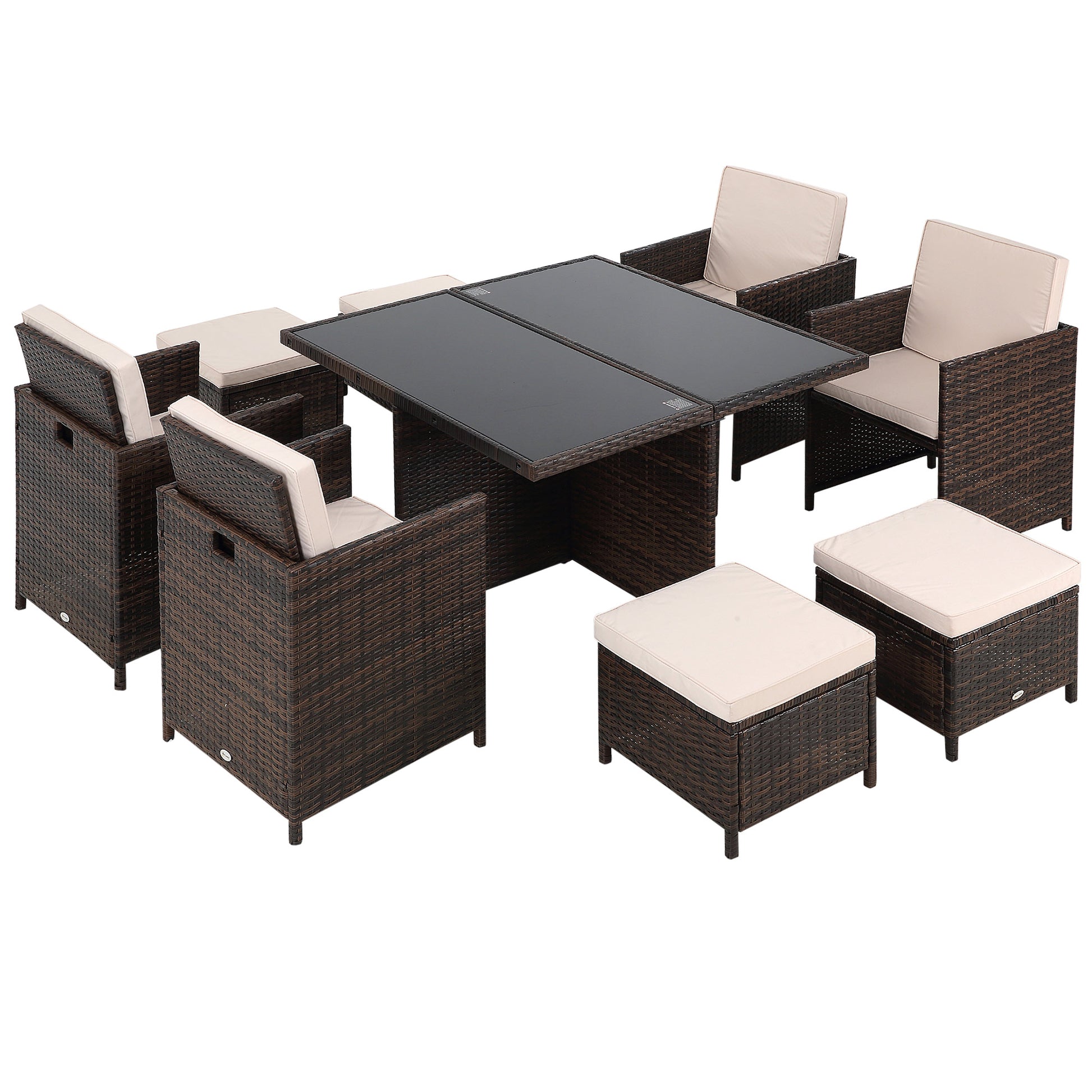 Photo of Outsunny 8 Seater Rattan Cube Garden Furniture Set, Rattan Dining Set with Cushions, Outdoor Dining Table and Chairs with 4 Armchairs, 4 Stools, Square Glass Top Table for Patio, Balcony, Brown in Brown colour on a white background