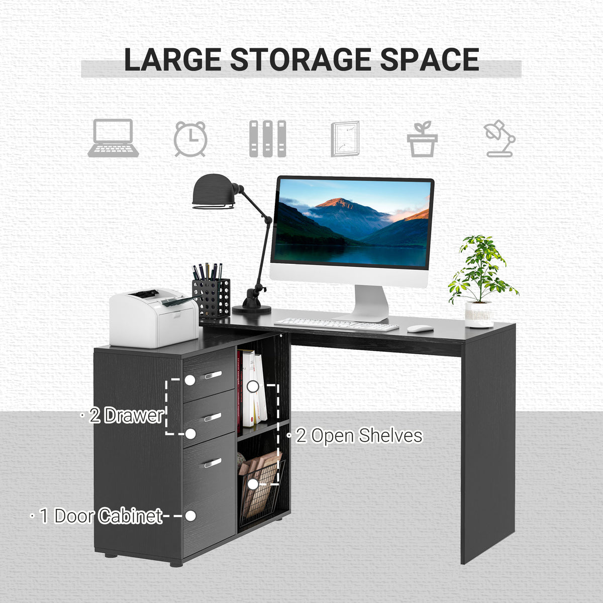 Black desk with three drawers, a cabinet, and two open shelves