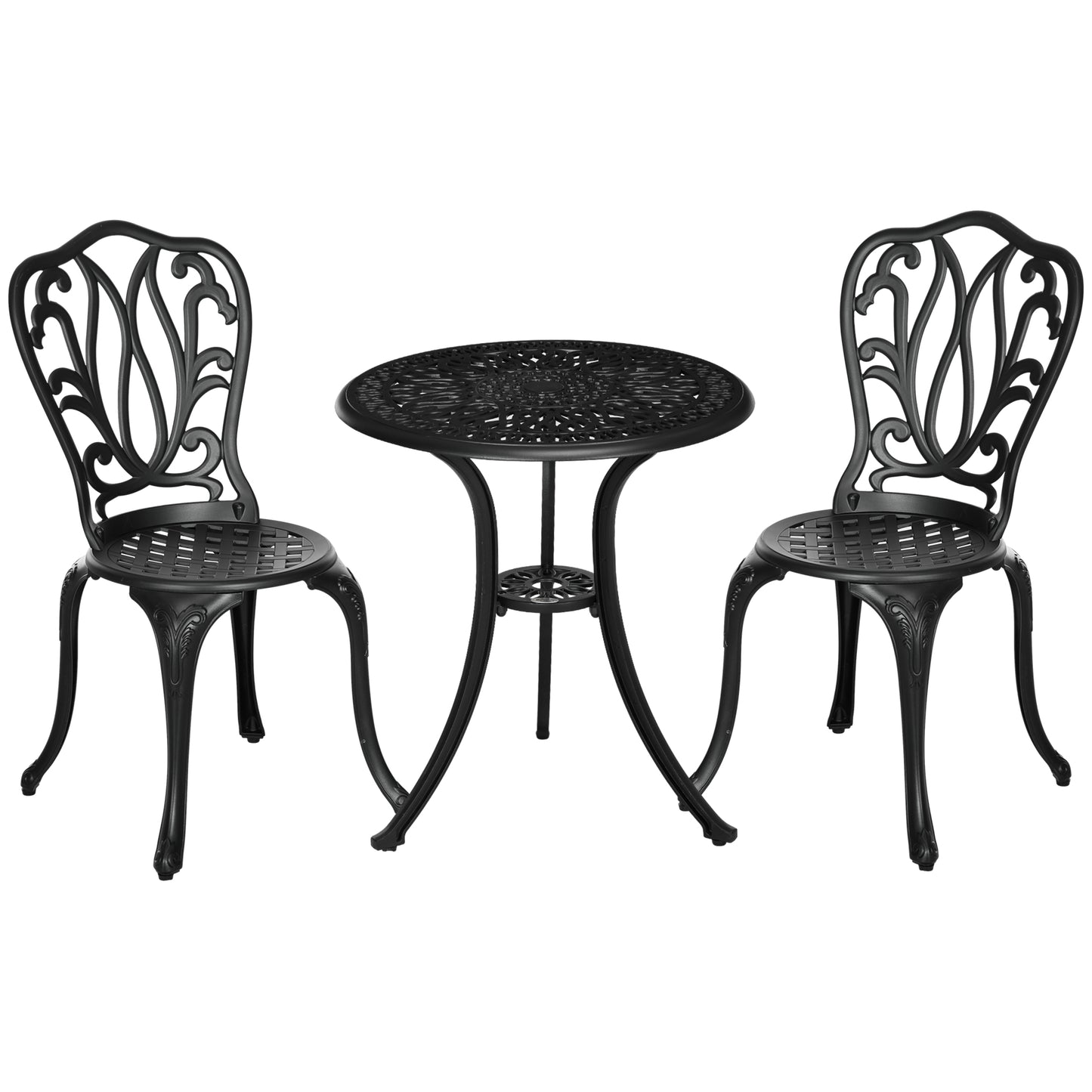 Photo of Outsunny 3 Piece Garden Bistro Set, Cast Aluminium Outdoor Furniture Set with Umbrella Hole for Balcony, Porch, Patio, Black in Black colour on a white background