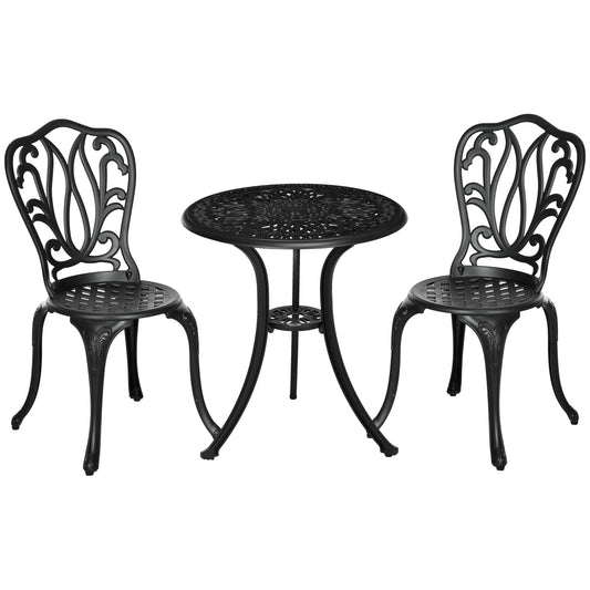 Photo of Outsunny 3 Piece Garden Bistro Set, Cast Aluminium Outdoor Furniture Set with Umbrella Hole for Balcony, Porch, Patio, Black in Black colour on a white background