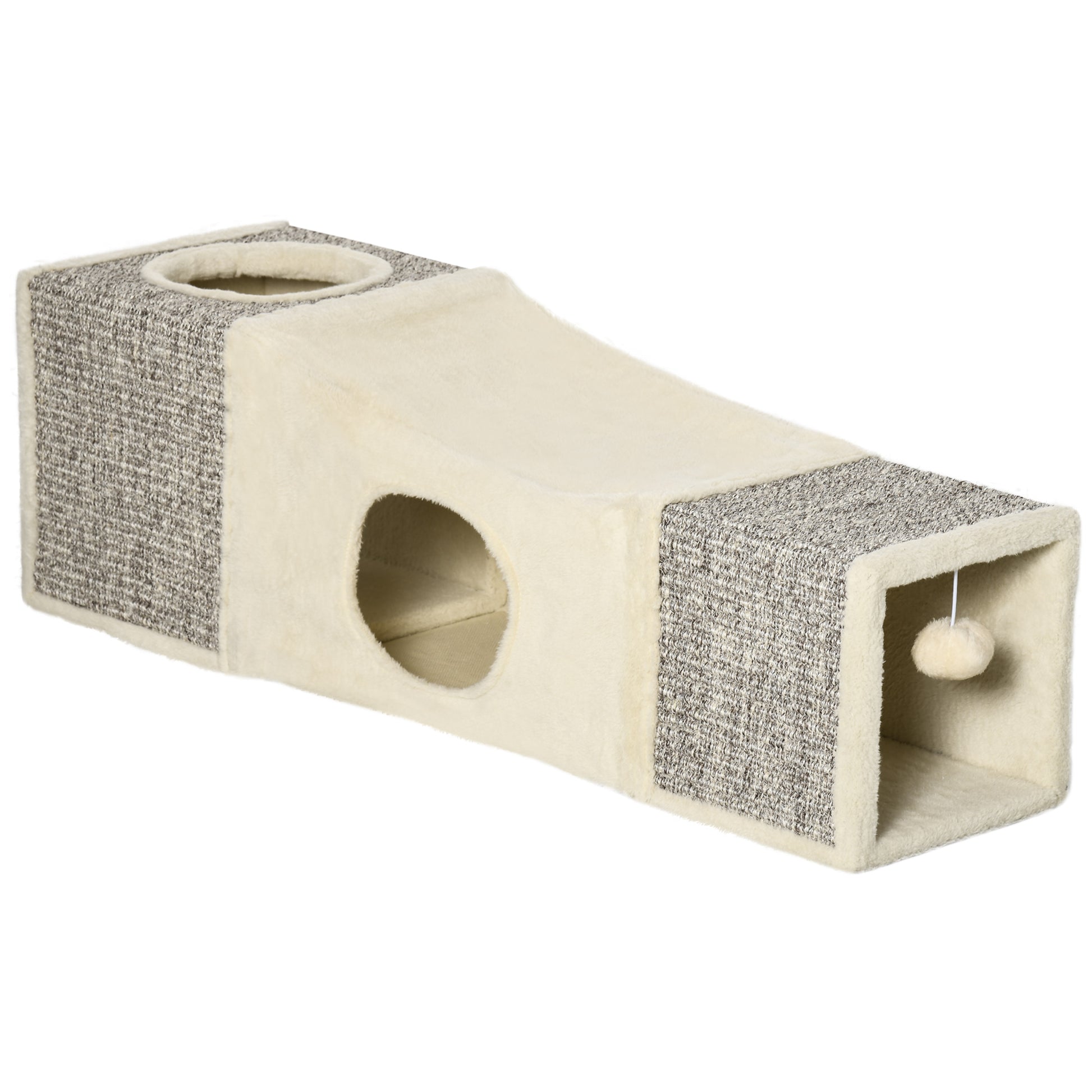 Photo of PawHut Cat Tunnel, Plush Large Play Tunnel with Two Caves and Hanging Ball, Cream White in White colour on a white background