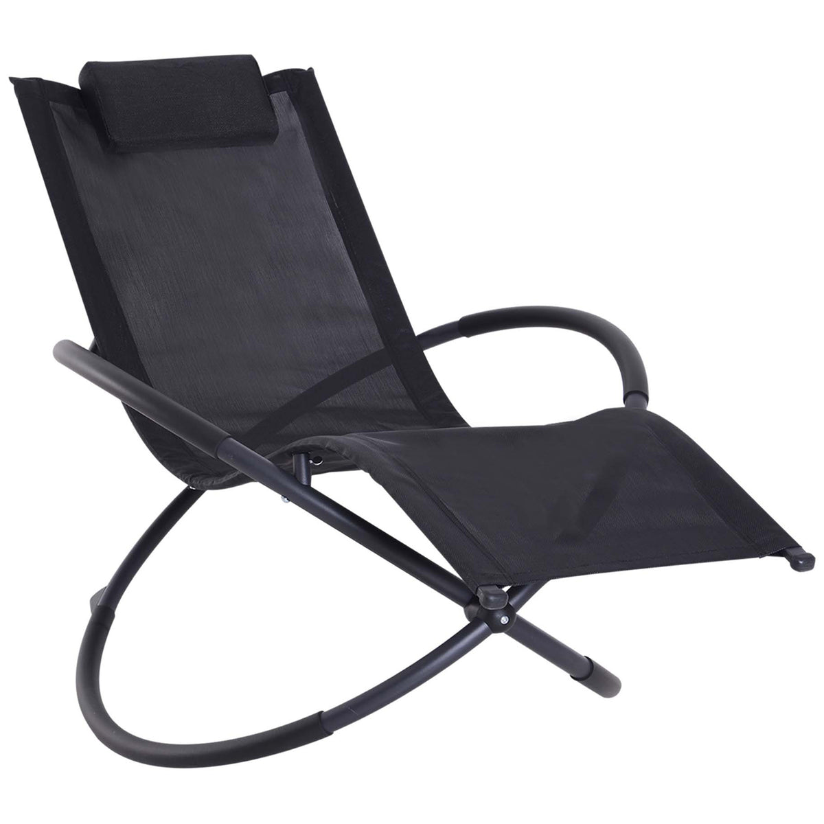 Black zero-gravity patio chaise with mesh sling seat, head pillow, and curved rocking base