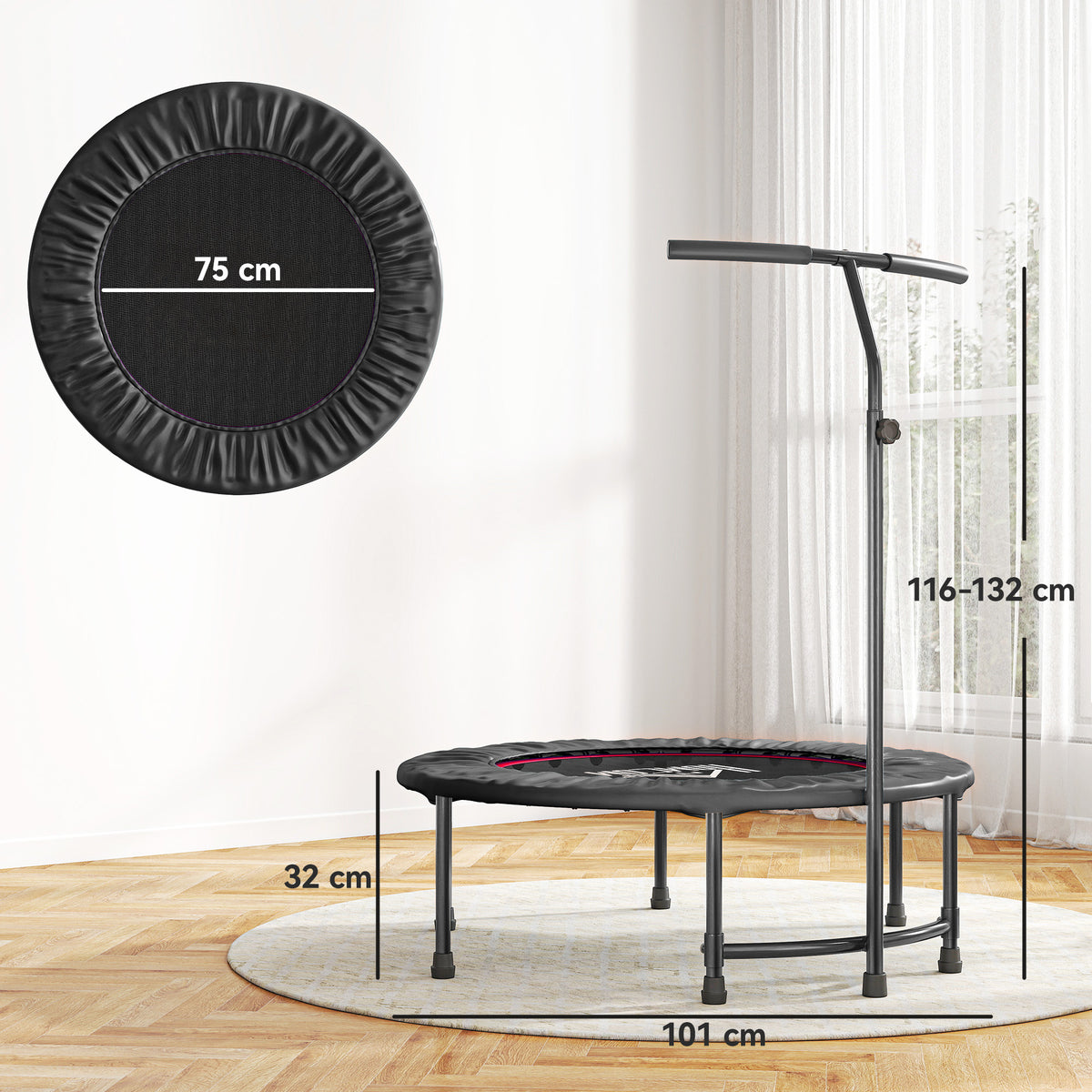 Black mini fitness trampoline with adjustable handle, 75 cm jumping surface and steel frame