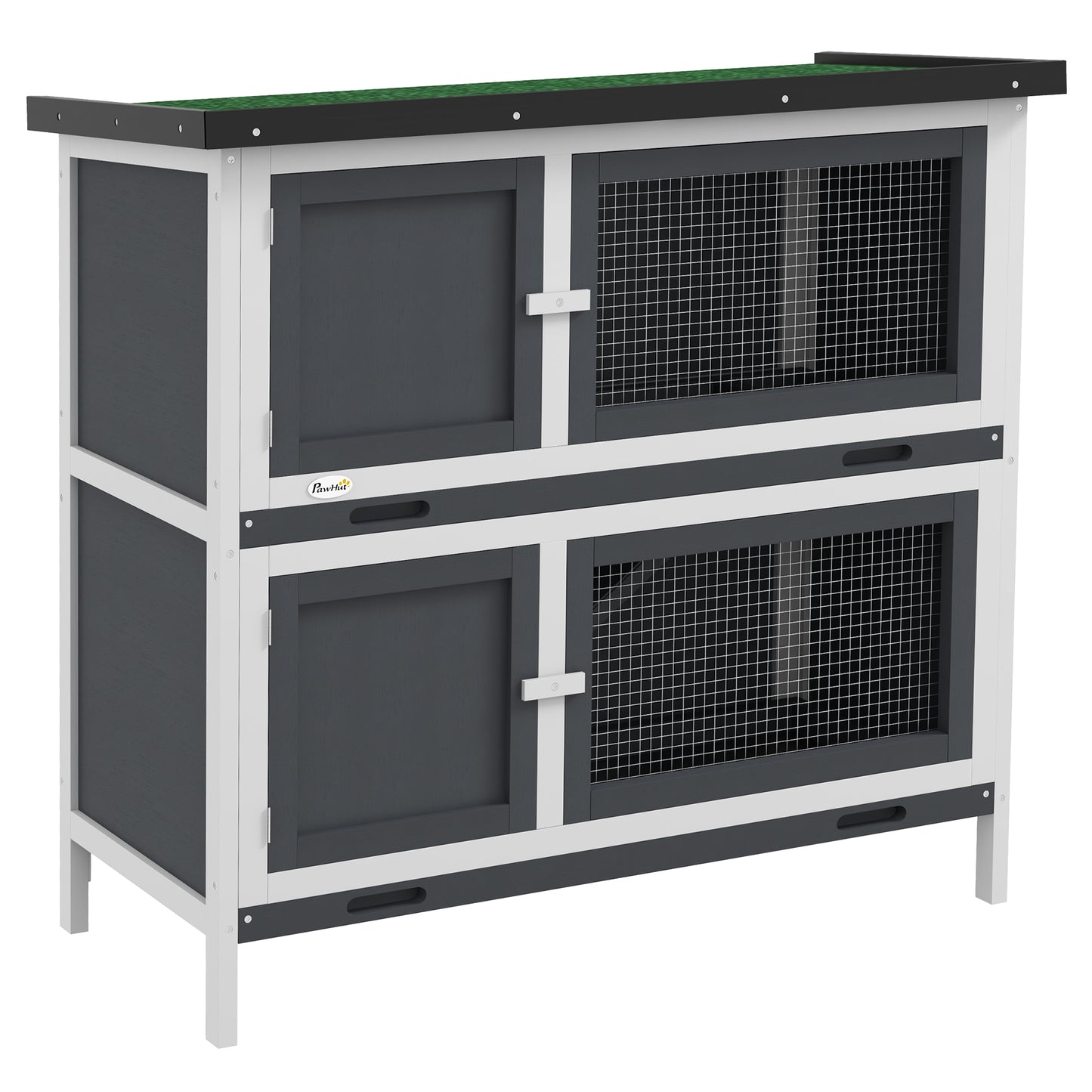 Photo of PawHut Double Decker Rabbit Hutch 2 Tier Guinea Pig House Pet Cage Outdoor with Sliding-out Tray, 100 x 47 x 91cm, Grey in Grey colour on a white background