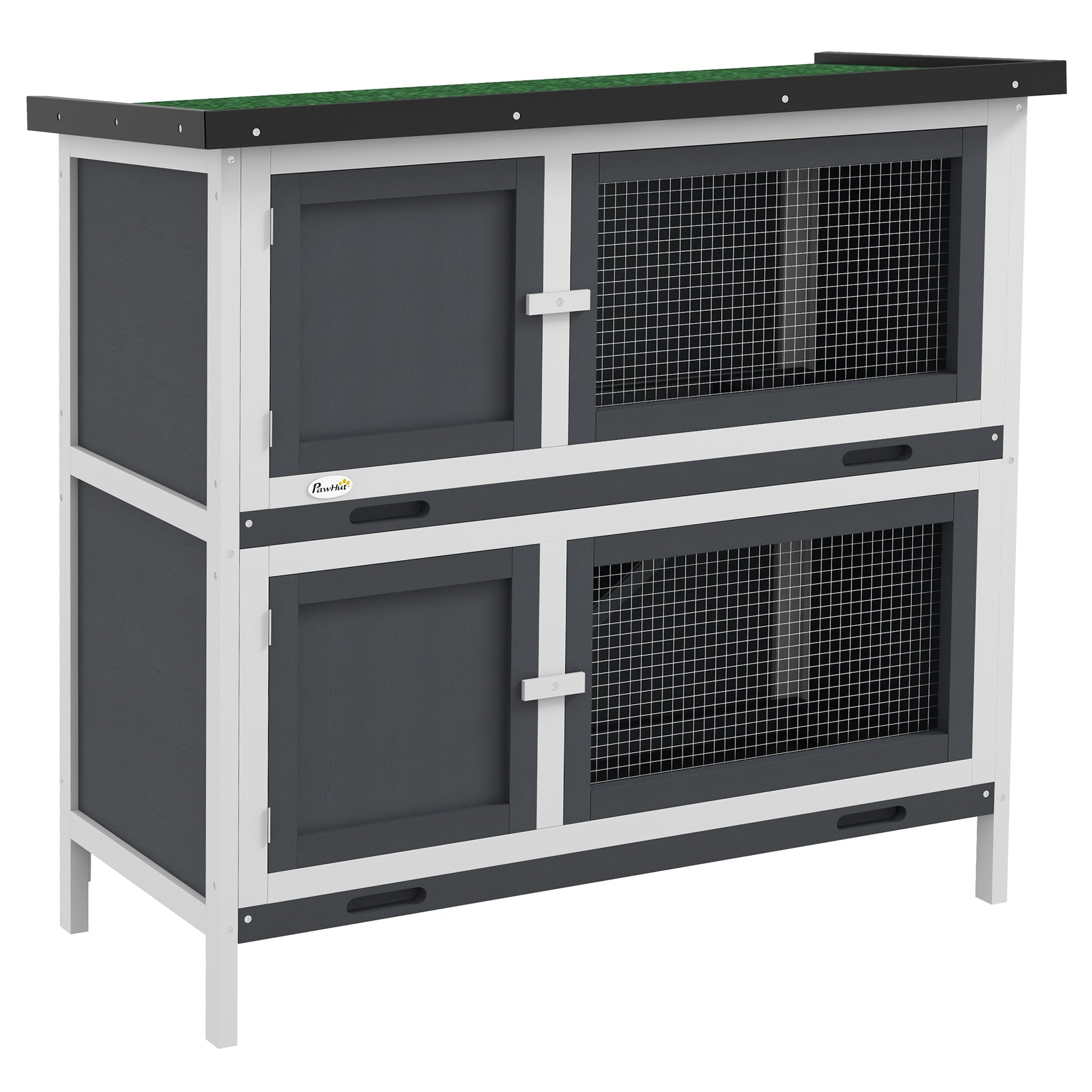 Photo of PawHut Double Decker Rabbit Hutch 2 Tier Guinea Pig House Pet Cage Outdoor with Sliding-out Tray, 100 x 47 x 91cm, Grey in Grey colour on a white background