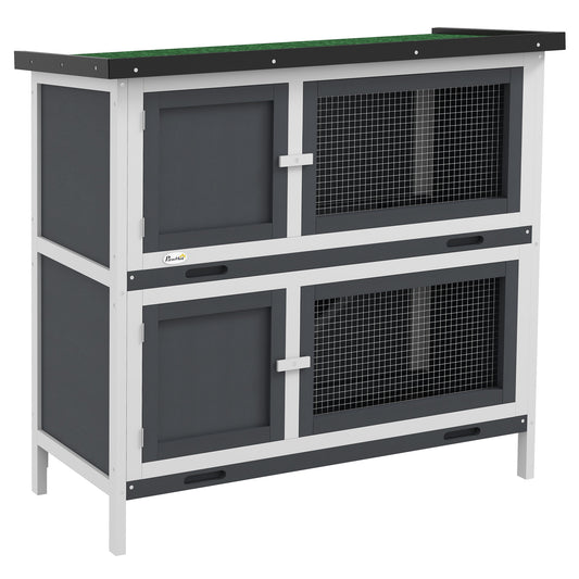 Photo of PawHut Double Decker Rabbit Hutch 2 Tier Guinea Pig House Pet Cage Outdoor with Sliding-out Tray, 100 x 47 x 91cm, Grey in Grey colour on a white background