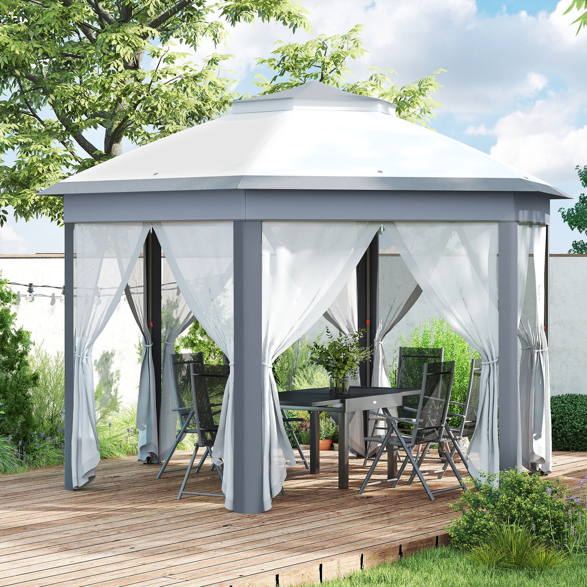 Outsunny hexagonal gazebo with tied-back sheer curtains and a dining set inside