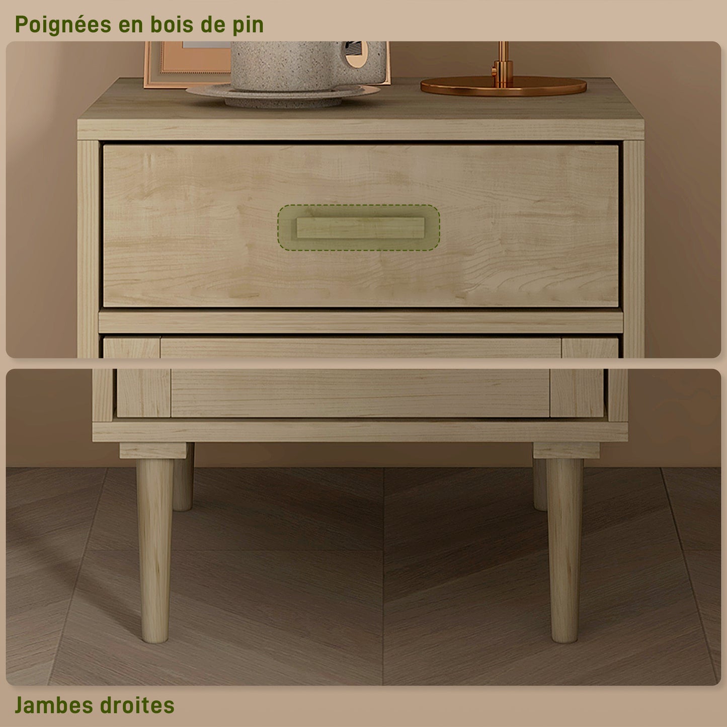 HOMCOM Bedside Table, Rattan Side Tables with Drawer, Cabinet and Adjustable Shelf, Boho Bedside Cabinet with Storage for Bedroom, Living Room, Natural Wood Effect