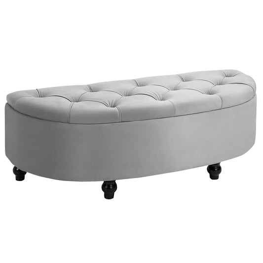 Photo of HOMCOM Semi-Circle Ottoman Storage Bench, Bed End Bench, Tufted Upholstered Window Seat Footrest Stool with Rubberwood Legs for Bedroom & Entryway, 120 x 46 x 42 cm, Light Grey in Grey colour on a white background