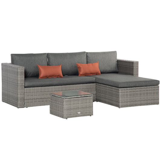 Photo of Outsunny 3 Pieces Outdoor PE Rattan Sofa Set, Patio Wicker Conversation Chaise Lounge Furniture w/ Tempered Glass Table-top & Soft Padded Cushion for Garden, Backyard, Lawn, Grey in Grey colour on a white background