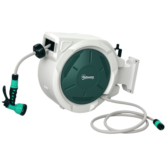 Photo of Outsunny Retractable Hose Reel Wall Mounted, 20+2m Garden Hose Pipe Reel with Lock, Auto Rewind, 7 in 1 Spray Nozzle, Includes Wall Fixings, 180° Swivel, Outdoor Watering, 54 x 20 x 39 cm, Light Grey in Grey colour on a white background