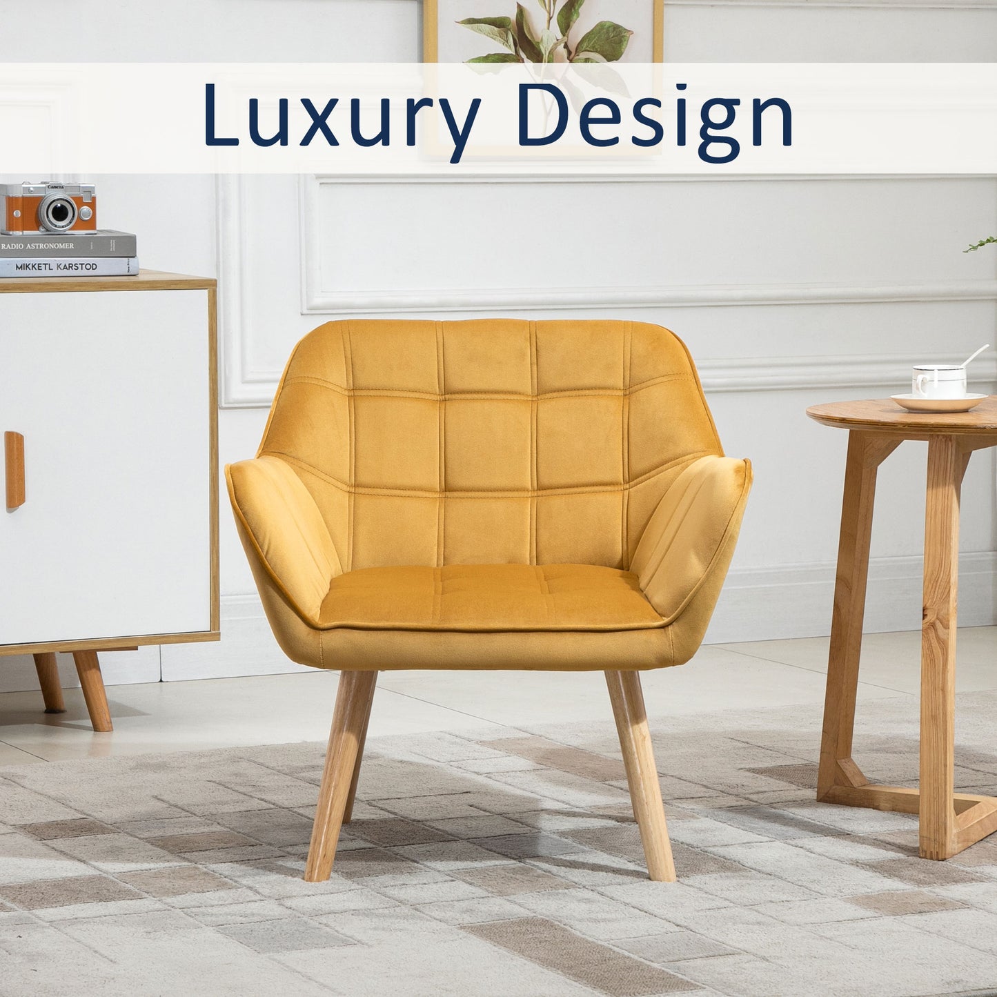 HOMCOM Accent Chair, Velvet Upholstered Vanity Tub Chair with Flared Armrests, Slanted Back, Solid Wood Legs, Comfy Padding Armchair, Home Bedroom Furniture Seating, Yellow
