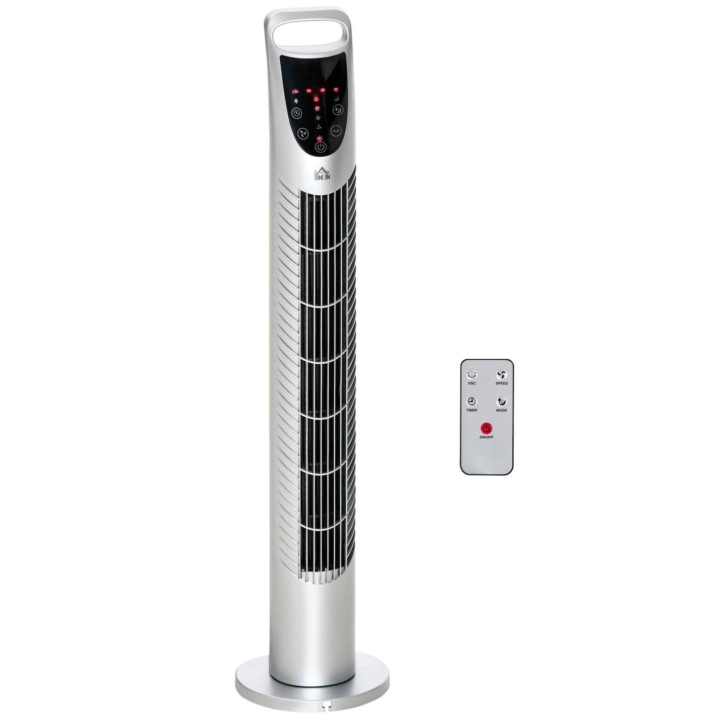 Photo of HOMCOM 31 Inch Bladeless Oscillating Tower Fan with 70° Oscillation, Remote Control, 7.5H Timer, 3 Speed 3 Modes, Electric Floor Standing Cooling Fan for Home Bedroom Office, Silver in Silver colour on a white background