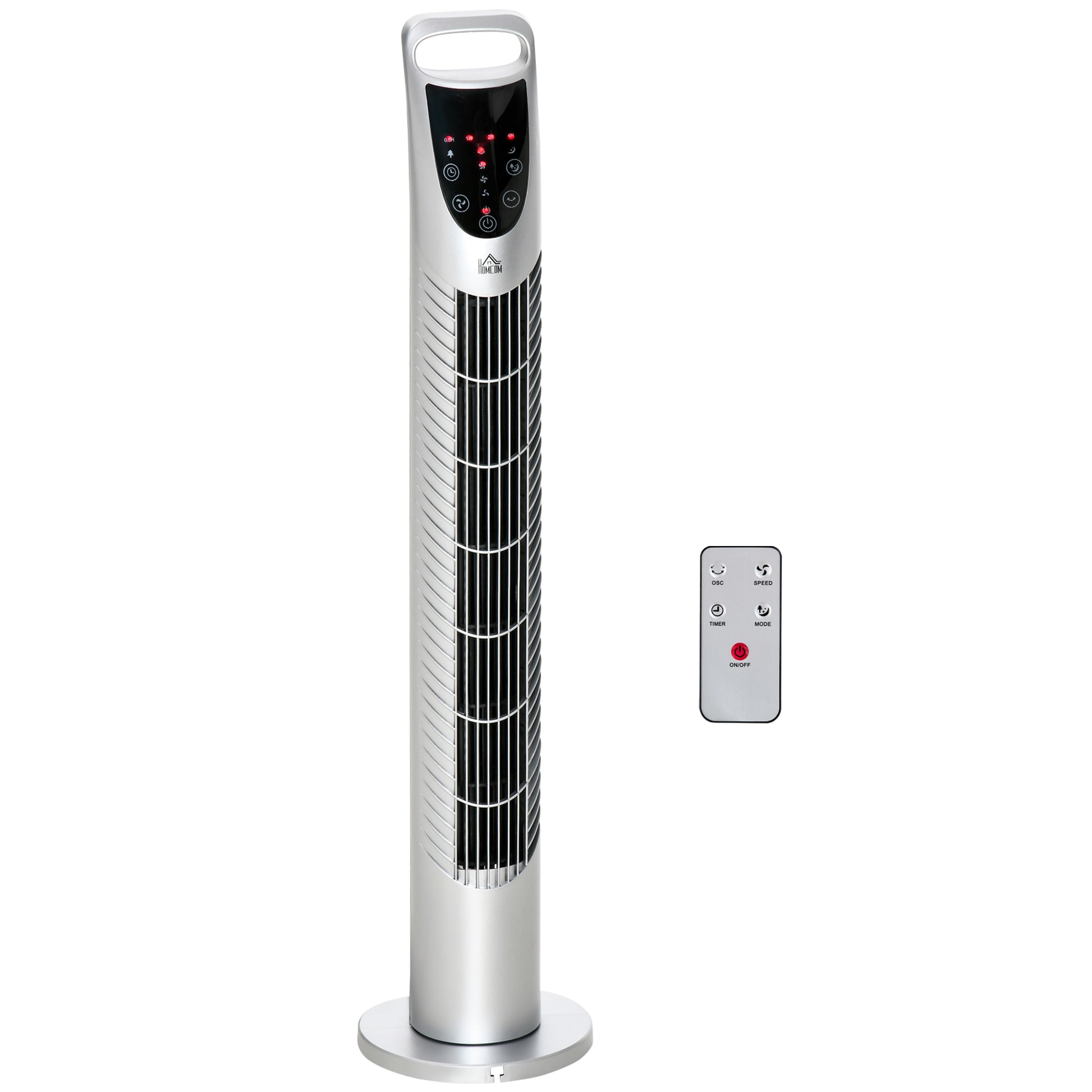 Photo of HOMCOM 31 Inch Bladeless Oscillating Tower Fan with 70° Oscillation, Remote Control, 7.5H Timer, 3 Speed 3 Modes, Electric Floor Standing Cooling Fan for Home Bedroom Office, Silver in Silver colour on a white background