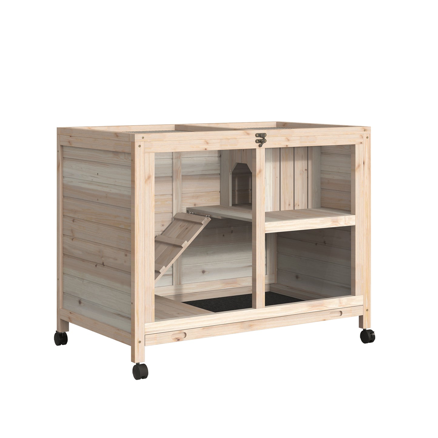 Photo of PawHut Rabbit Hutch Indoor Wooden Guinea Pig House Hamster Cage with Wheels, 2 Layers Bunny Cage with Openable Roof, 91.5 x 53.3 x 73 cm, Natural in Natural colour on a white background