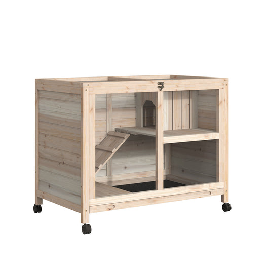 Photo of PawHut Rabbit Hutch Indoor Wooden Guinea Pig House Hamster Cage with Wheels, 2 Layers Bunny Cage with Openable Roof, 91.5 x 53.3 x 73 cm, Natural in Natural colour on a white background