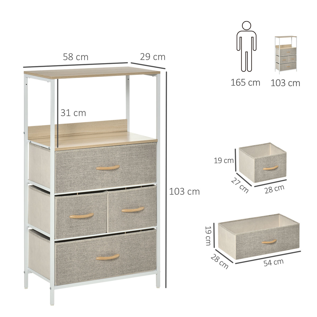 Four-drawer storage cabinet with open shelf and measurements of 58 x 29 x 103 cm