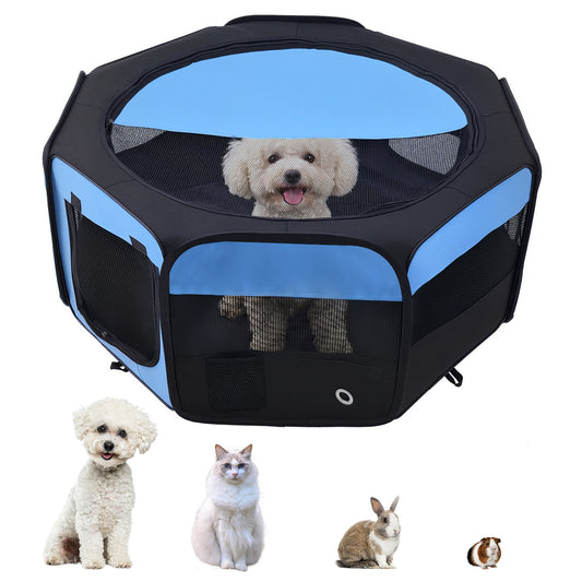 Photo of PawHut 600D Oxford Soft Fabric Kennel, Portable Lightweight Cat Dog Playpen, Foldable Pet Puppy Rabbit Guinea Pig Pen Run Dia 90 x 41H cm Indoor & Outdoor Blue in Blue colour on a white background