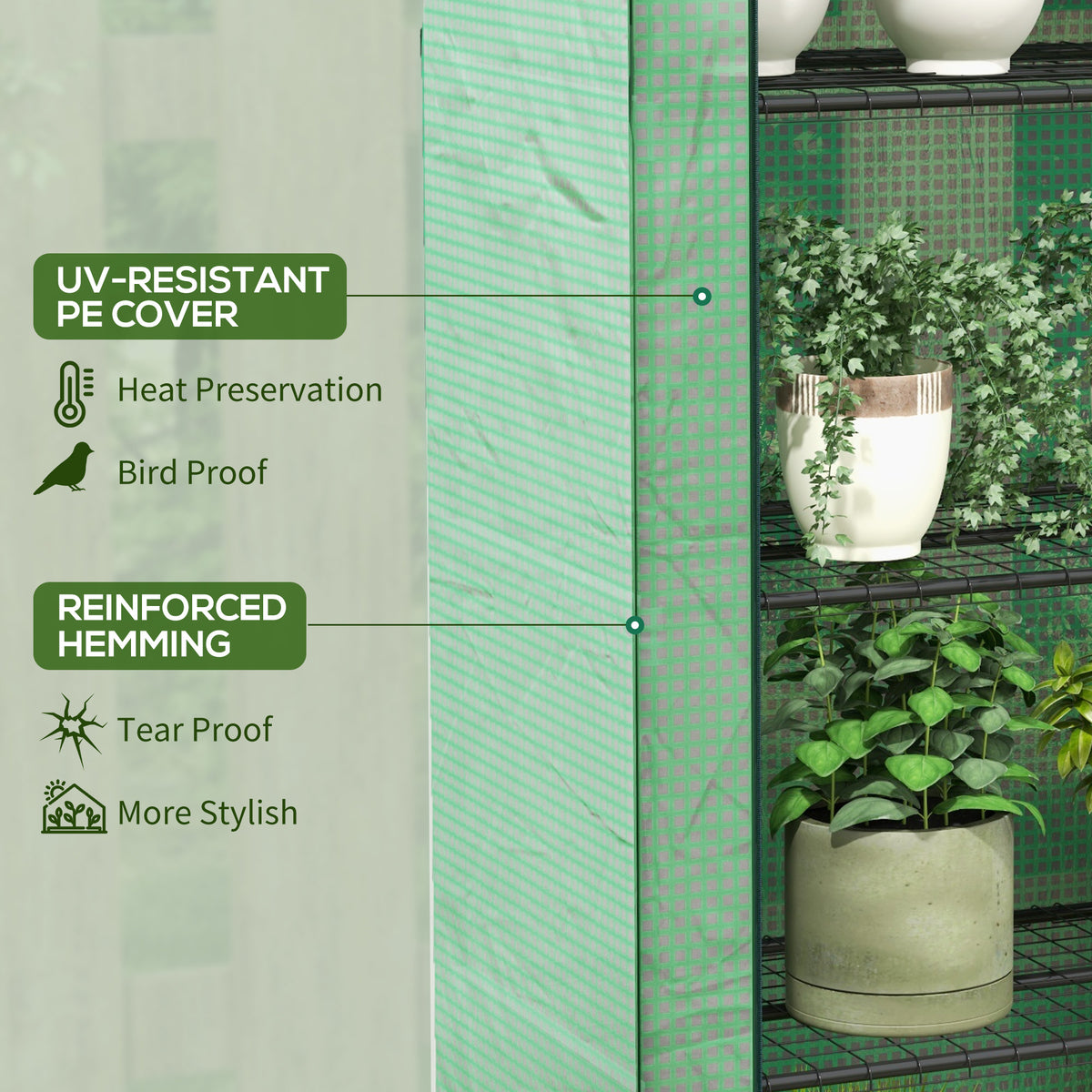Outsunny greenhouse reinforced green PE cover with stitched hemming