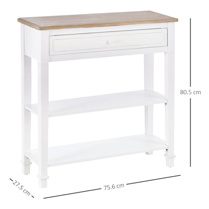 White console table with wood-look top, one drawer and two shelves; dimensions shown