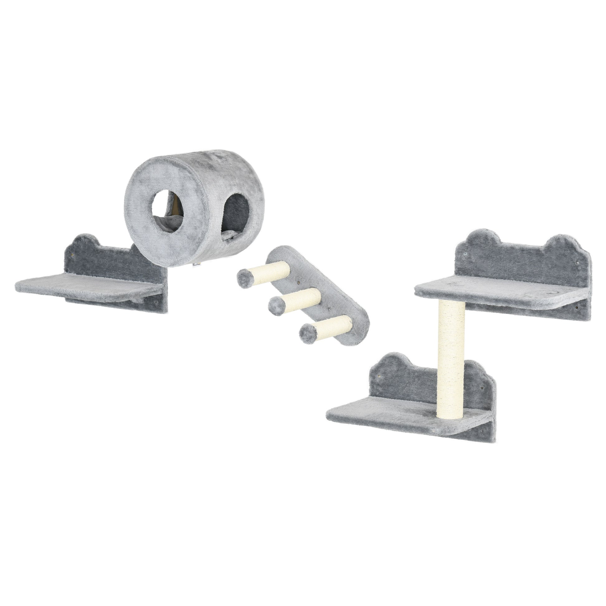 Photo of PawHut 4PCs Wall-Mounted Cat Tree, with Steps, Perch, Cat House - Grey in Grey colour on a white background