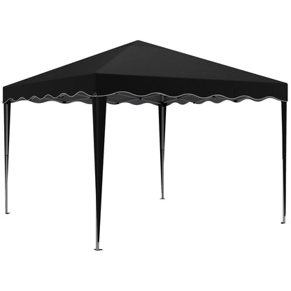 Black pop-up gazebo with a peaked canopy and four adjustable legs