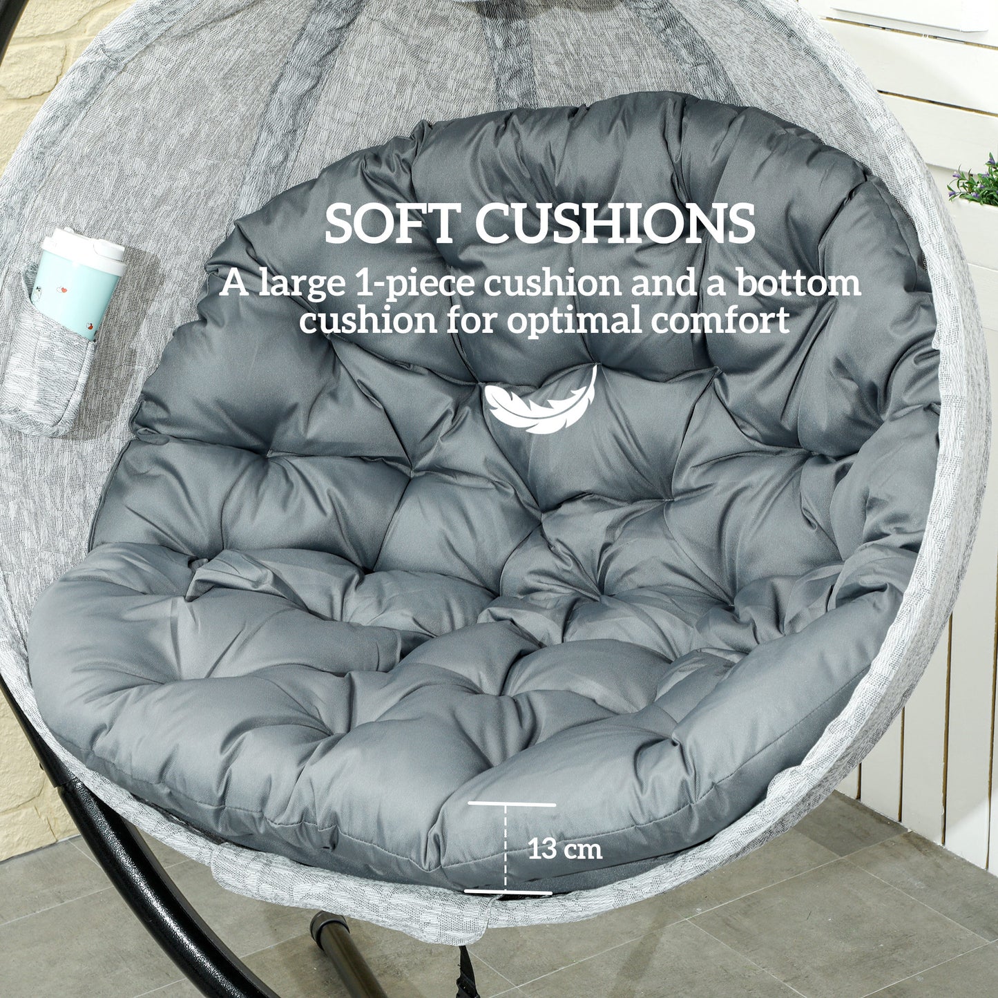 Outsunny Hanging Egg Chair Outdoor Indoor Garden Swing Chair with Folding Basket, Thickened Cushion, Cup Holder for Patio, Balcony, Grey