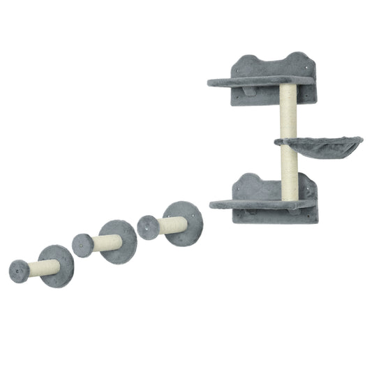 Photo of PawHut 4 Piece Cat Shelf with Scratching Post, Wall-Mounted Cat Tree for Indoor Cat - Grey in Grey colour on a white background