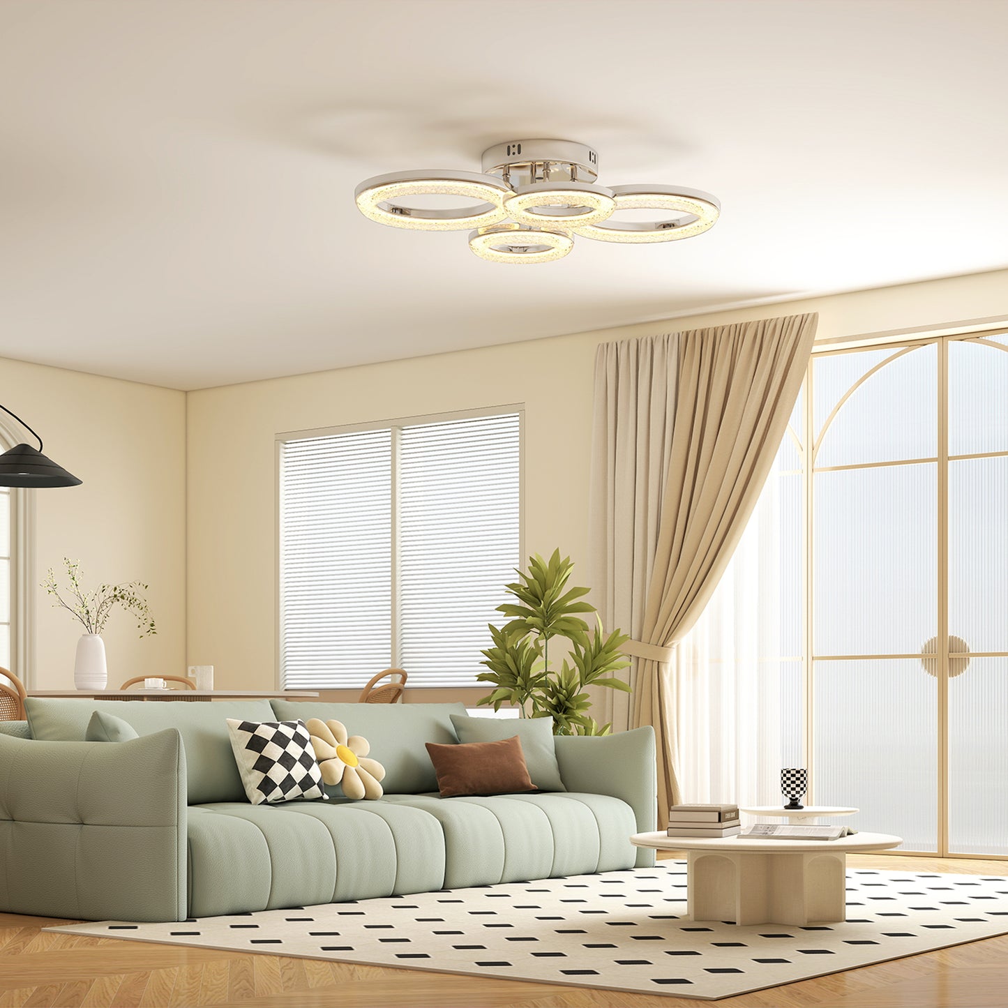 HOMCOM 4-Ring LED Ceiling Light, Flush Mount Ceiling Light with 3 Colour Temperatures, Silver Tone