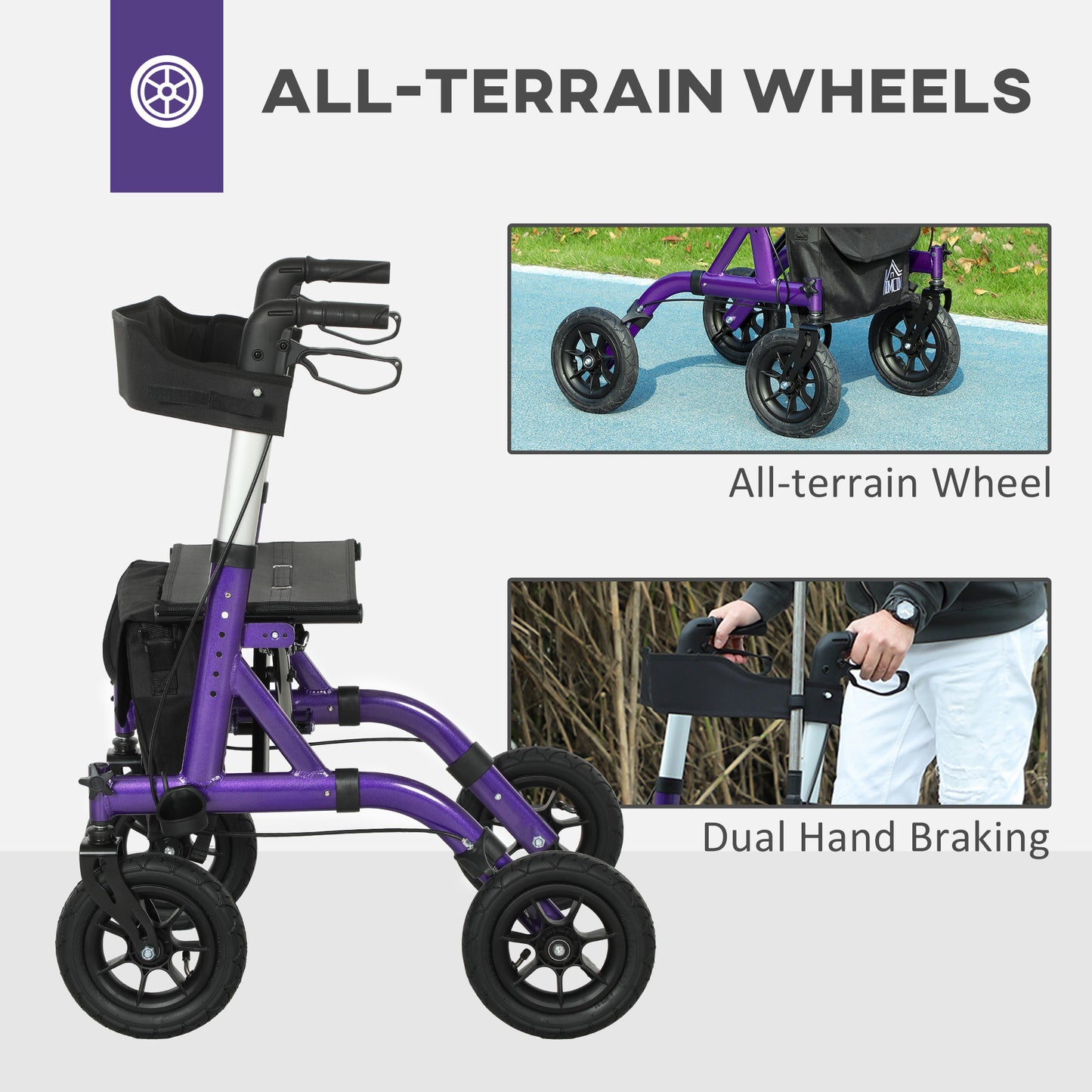 HOMCOM Folding Adjustable Rollator with Dual Brakes & 6 Adjustable Handle Heights for Seniors Purple