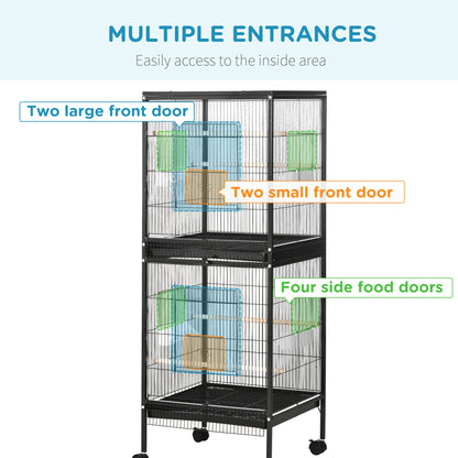 Black two-section bird cage with large and small front doors and side feeding doors.