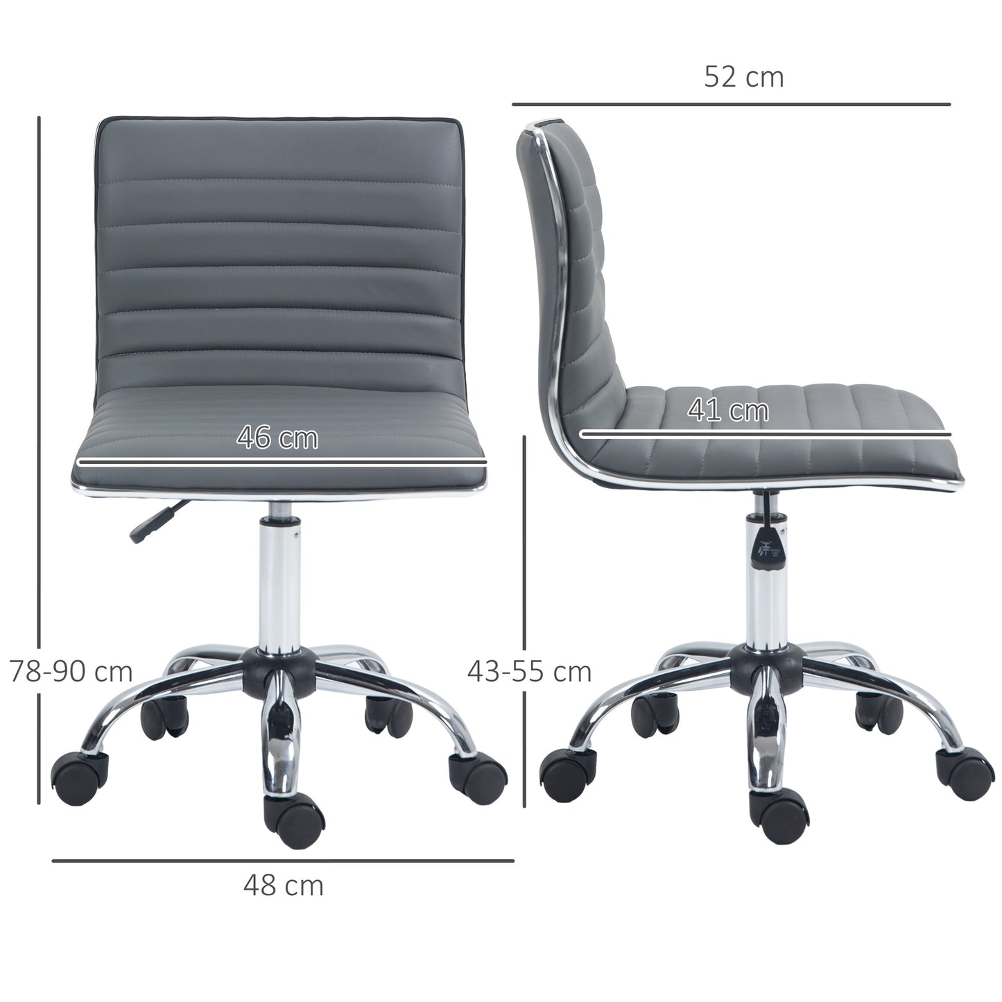 HOMCOM Armless Task Desk Chair, Swivel Office Chair with Faux Leather, Adjustable Seat Height, Chrome Base, Wheels for Home, Dark Grey