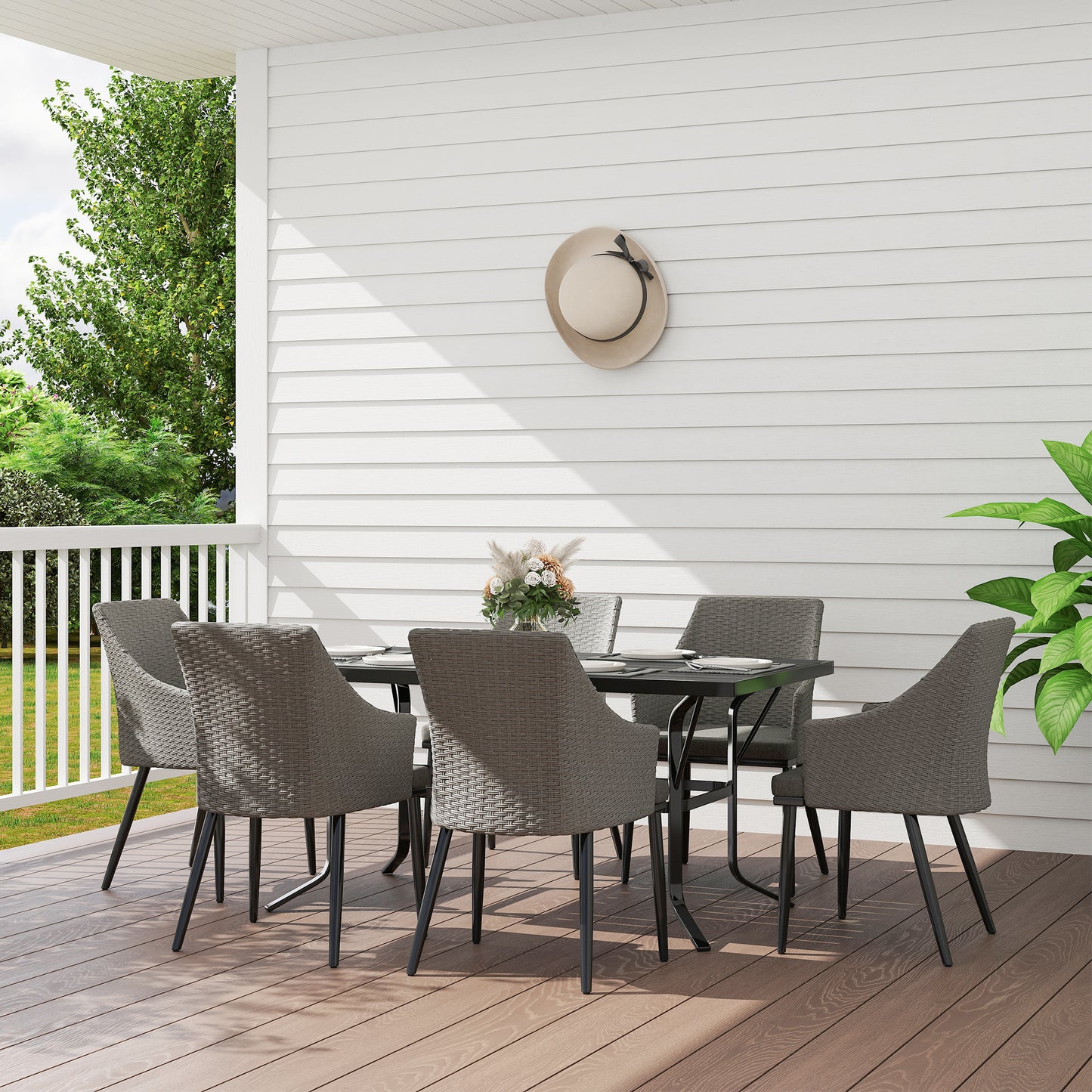 Outsunny 6 Seater Rattan Dining Set with Cushions, Garden Furniture Set with Armchairs, Rectangle Slatted Table Top, Steel Frame, Parasol Hole, Wicker Outdoor Furniture for Patio, Balcony, Grey