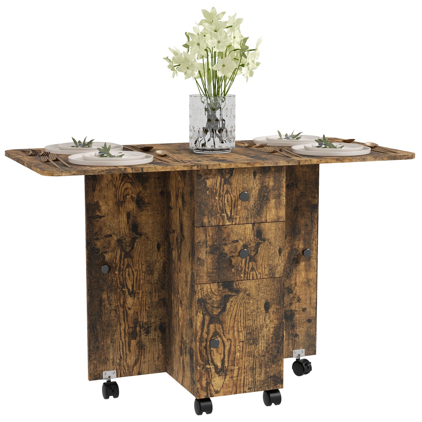 Photo of HOMCOM Multi-Storage Six-Person Drop Leaf Dining Table -  Rustic Brown in Brown colour on a white background