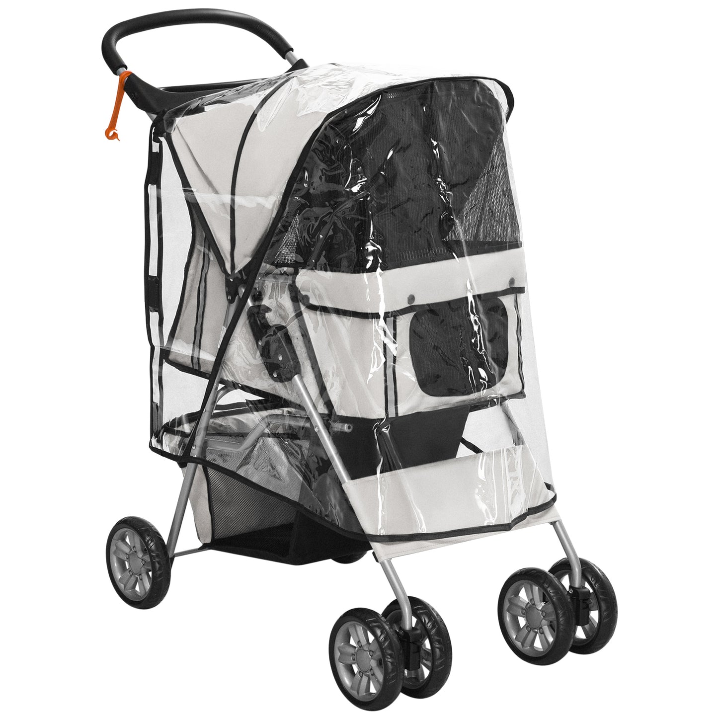 Photo of PawHut Dog Stroller with Rain Cover for Small Miniature Dogs, Folding Pet Pram with Cup Holder, Storage Basket, Reflective Strips, Grey in Grey colour on a white background