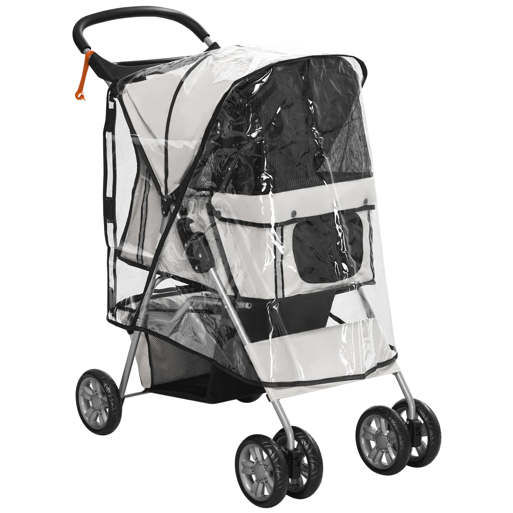 Photo of PawHut Dog Stroller with Rain Cover for Small Miniature Dogs, Folding Pet Pram with Cup Holder, Storage Basket, Reflective Strips, Grey in Grey colour on a white background