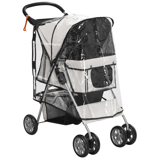 Photo of PawHut Dog Stroller with Rain Cover for Small Miniature Dogs, Folding Pet Pram with Cup Holder, Storage Basket, Reflective Strips, Grey in Grey colour on a white background