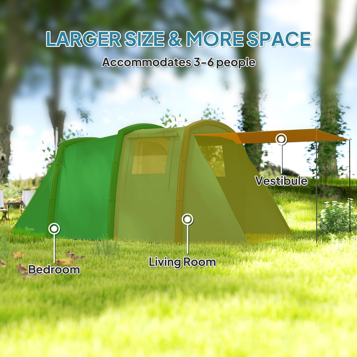 Outsunny Inflatable 3 Man Tunnel Tent w/ Air Pump, Living Area & Vestibule, Waterproof Family Camping Air Tent, Groundsheet, Removable Footprint for Hiking, 440L x 280W x 195Hcm, Blue