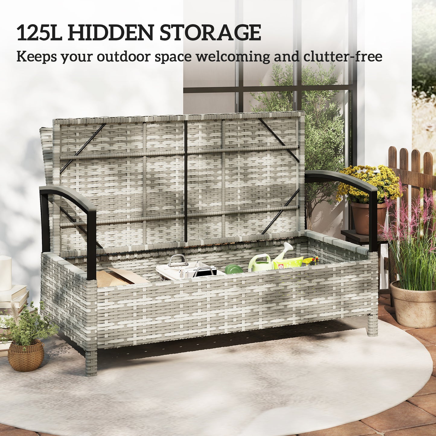 Outsunny 125L Garden Storage Bench, 2 Seater PE Rattan Outdoor Bench Storage Box with Padded Cushion, Dark Grey