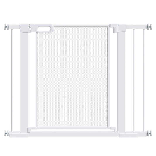 White PawHut pet safety gate with mesh center panel, latch, and adjustable pressure mounts