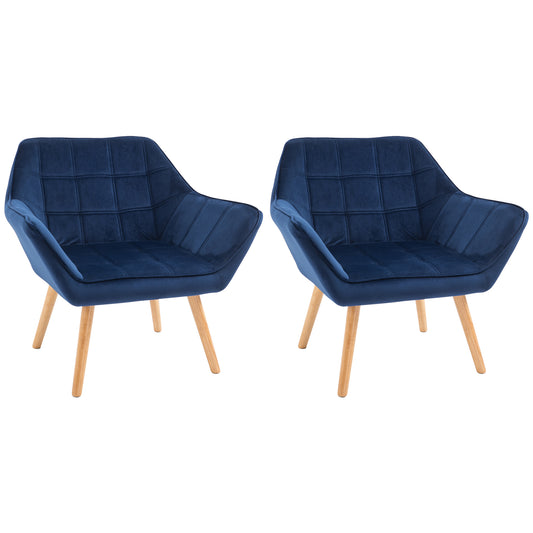 Photo of HOMCOM Accent Chair, Velvet Upholstered Vanity Tub Chair with Flared Armrests, Slanted Back, Solid Wood Legs, Comfy Padding Armchair, Home Bedroom Furniture Seating, Set of 2, Blue in Blue colour on a white background