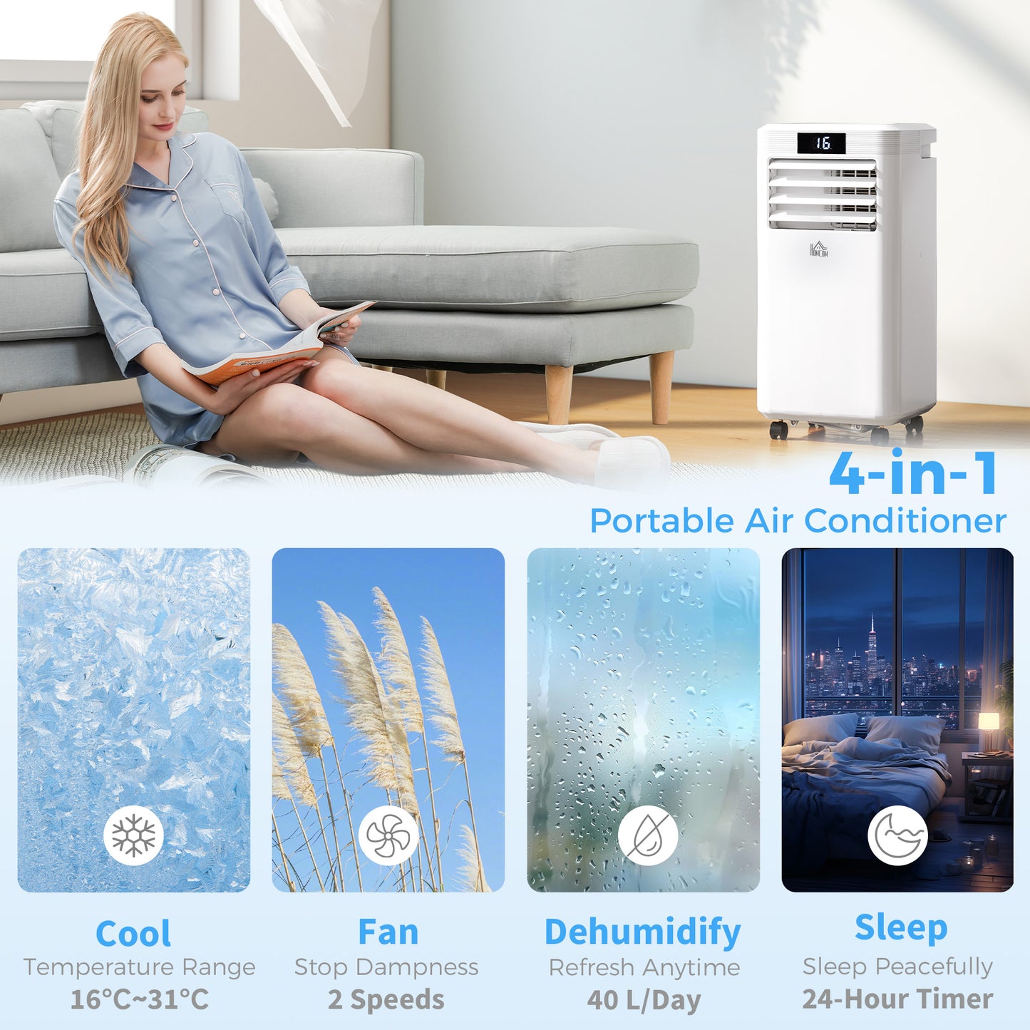 HOMCOM 10000 BTU Air Conditioning Unit, 3-in-1 Portable Air Conditioner, Dehumidifier, Cooling Fan with Remote Control, Digital Display, 2 Speeds, 24H Timer, Window Venting Kit, 22m²