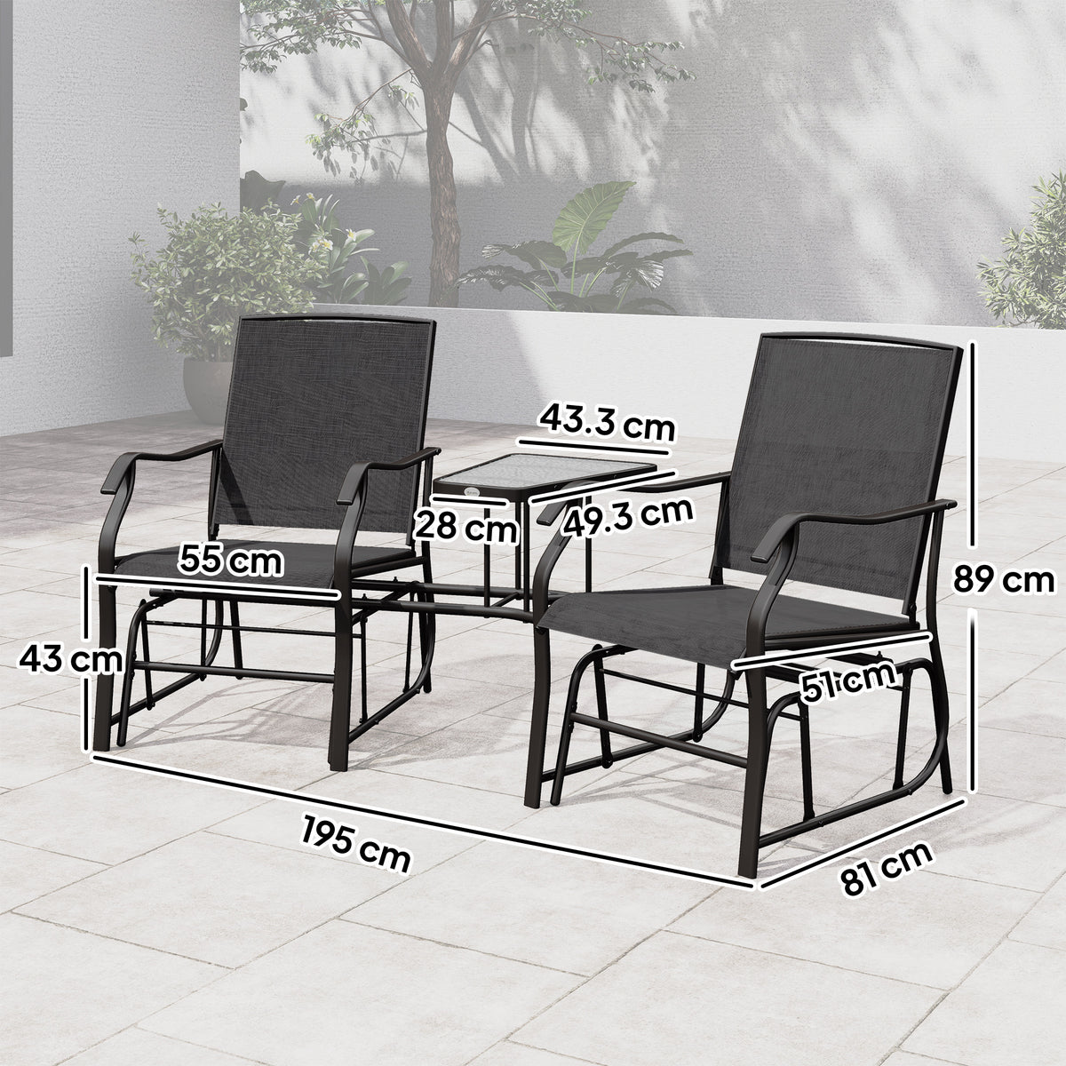 Outsunny black gliding chair set with glass table and dimensions shown