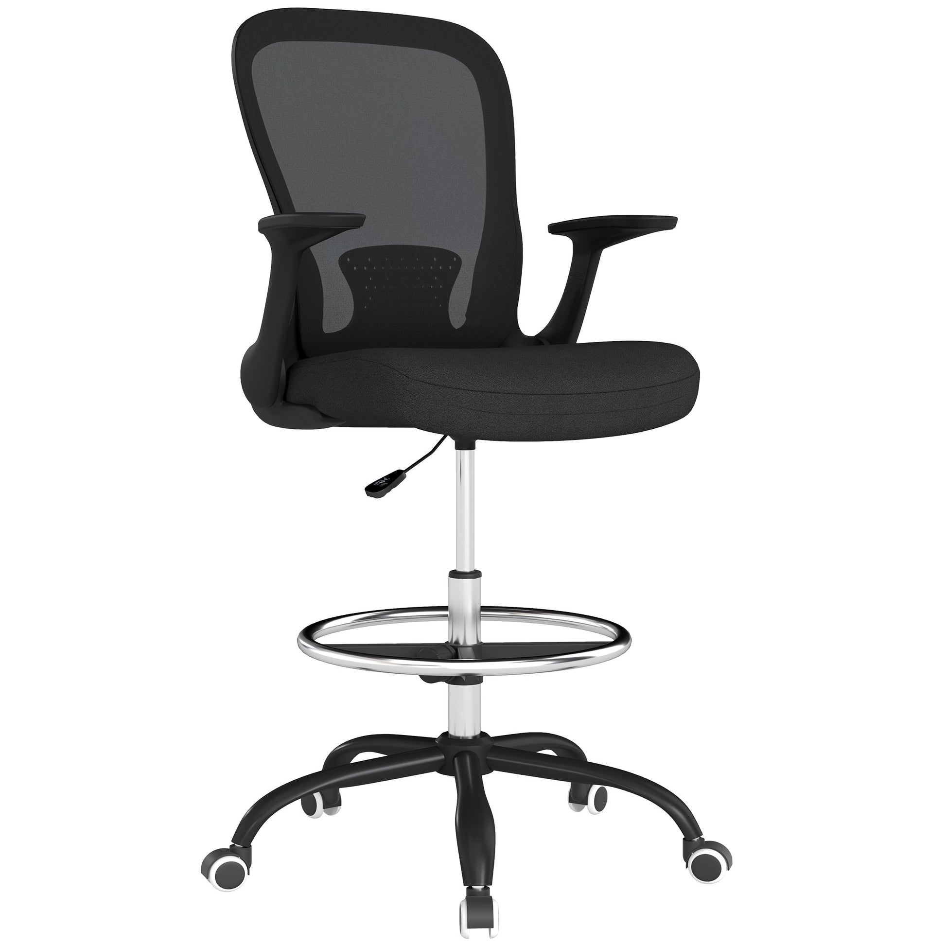Photo of HOMCOM Draughtsman Chair, Mesh Drafting Chair, Ergonomic Office Chair with Flip-up Armrest, Adjustable Foot Ring, Black in Black colour on a white background