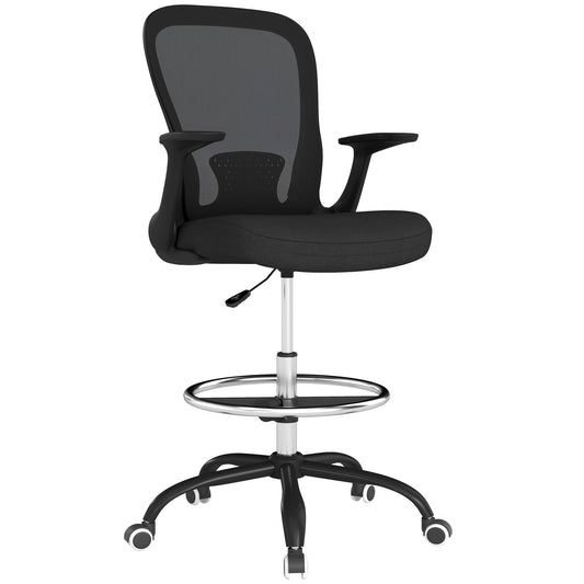 Photo of HOMCOM Draughtsman Chair, Mesh Drafting Chair, Ergonomic Office Chair with Flip-up Armrest, Adjustable Foot Ring, Black in Black colour on a white background