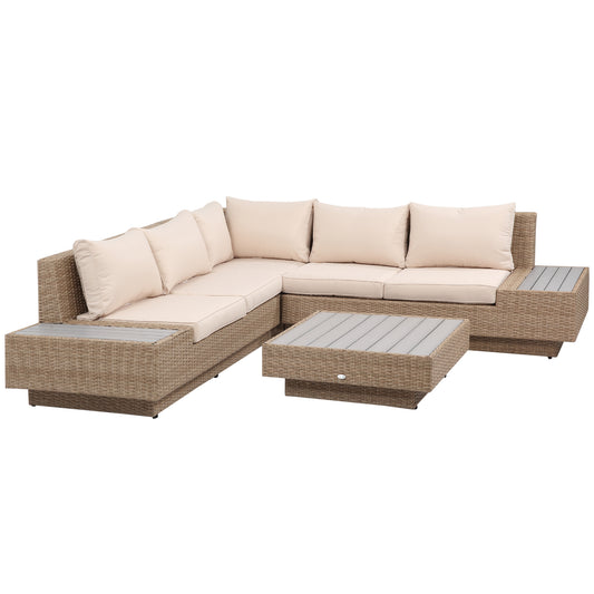 Photo of Outsunny 4 Pieces Rattan Garden Furniture Set, Garden Corner Sofa with Side Trays, Wicker Conservatory Furniture Set with Loveseats, Slatted Plastic Top Coffee Table and Cushions, Beige in Beige colour on a white background