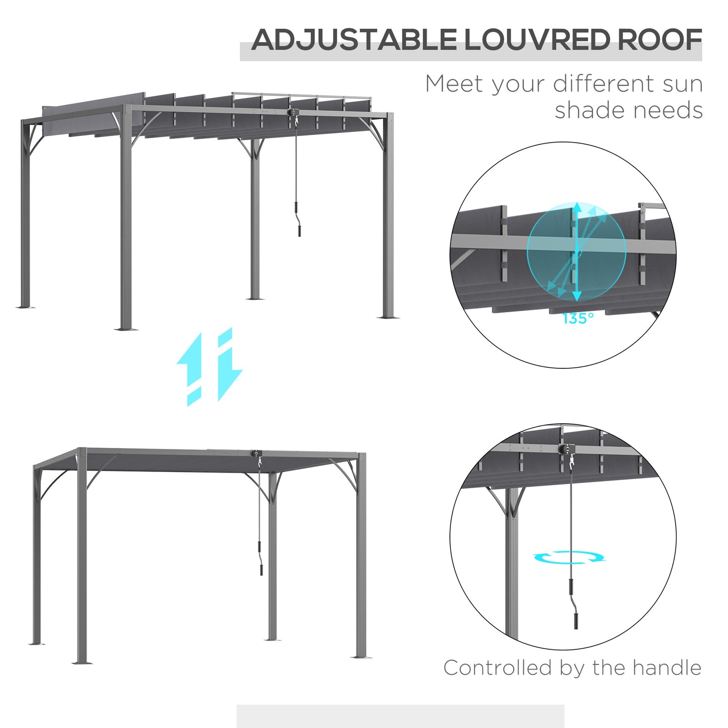 Outsunny 3 x 3(m) Outdoor Pergola with Retractable Roof, Aluminium Louvered Patio Gazebo Canopy for Garden, Patio, Grey