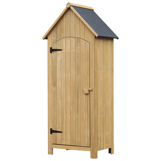 Photo of Outsunny Wooden Garden Storage Shed with 3 Shelves, Outdoor Tool Storage Cabinet with Tilt Roof and Lockable Door, 77.5 x 54.2 x 179.5 cm, Natural in Natural colour on a white background